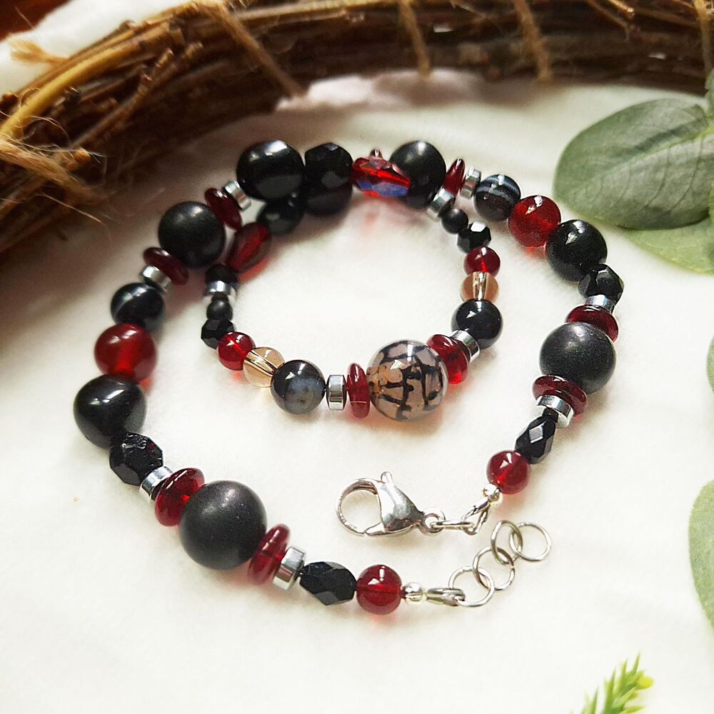 Whimsigoth Spiderweb Agate Choker Necklace, Black Onyx, Jasper, & Ruby Red Glass - Picture 12 of 12